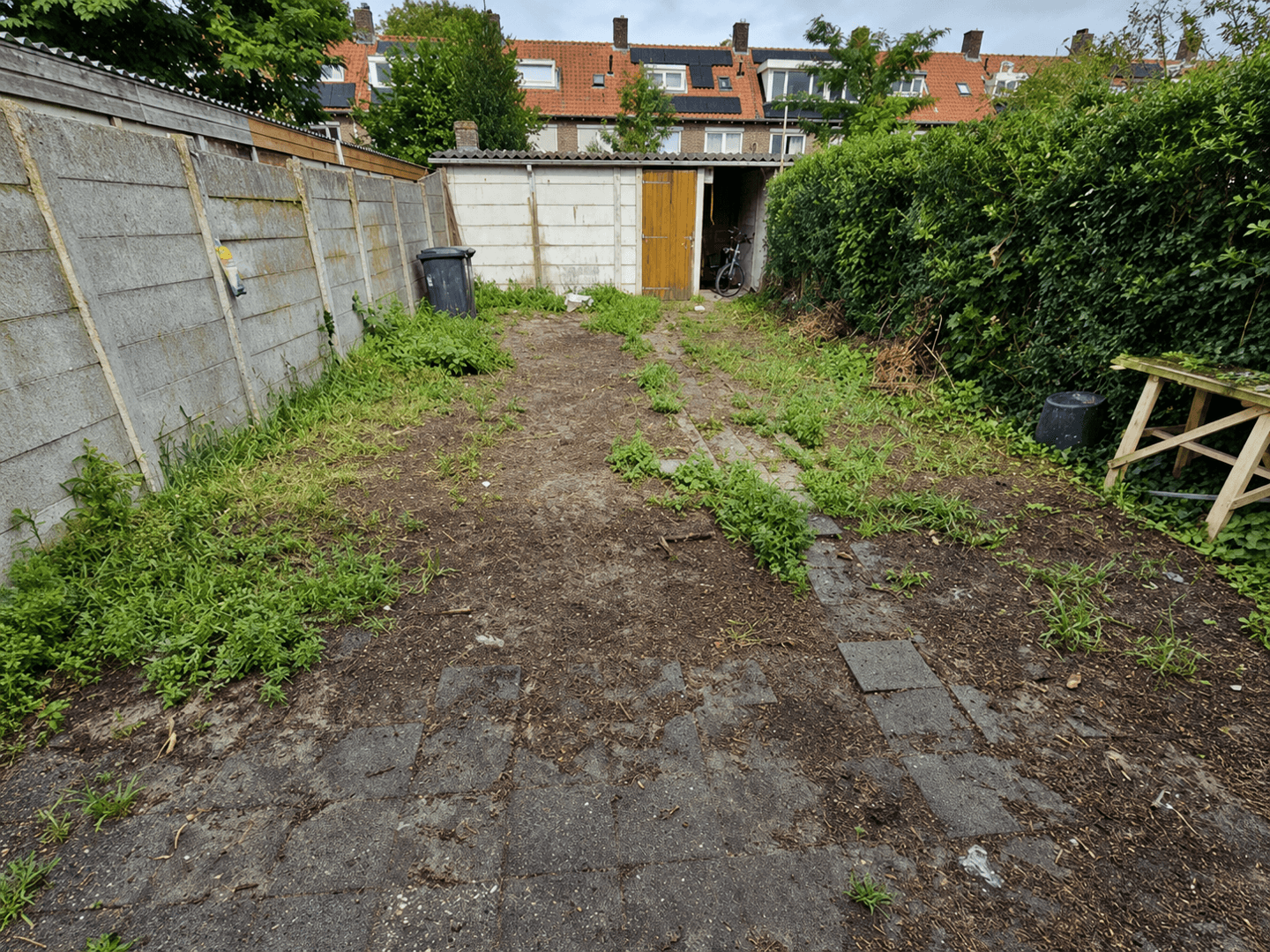 Tired garden before the renovation, with broken natural stone paving, moss and weeds.