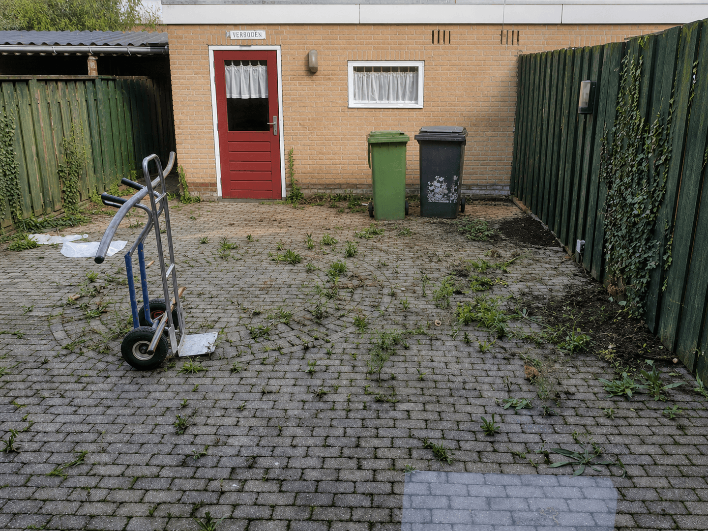 Old brick pavers with weeds and settlement before the new paving was laid.