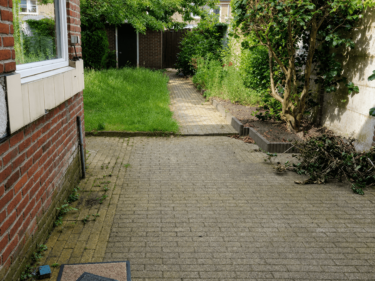 Backyard before the rebuild, with overgrown brick paving and neglected planting.