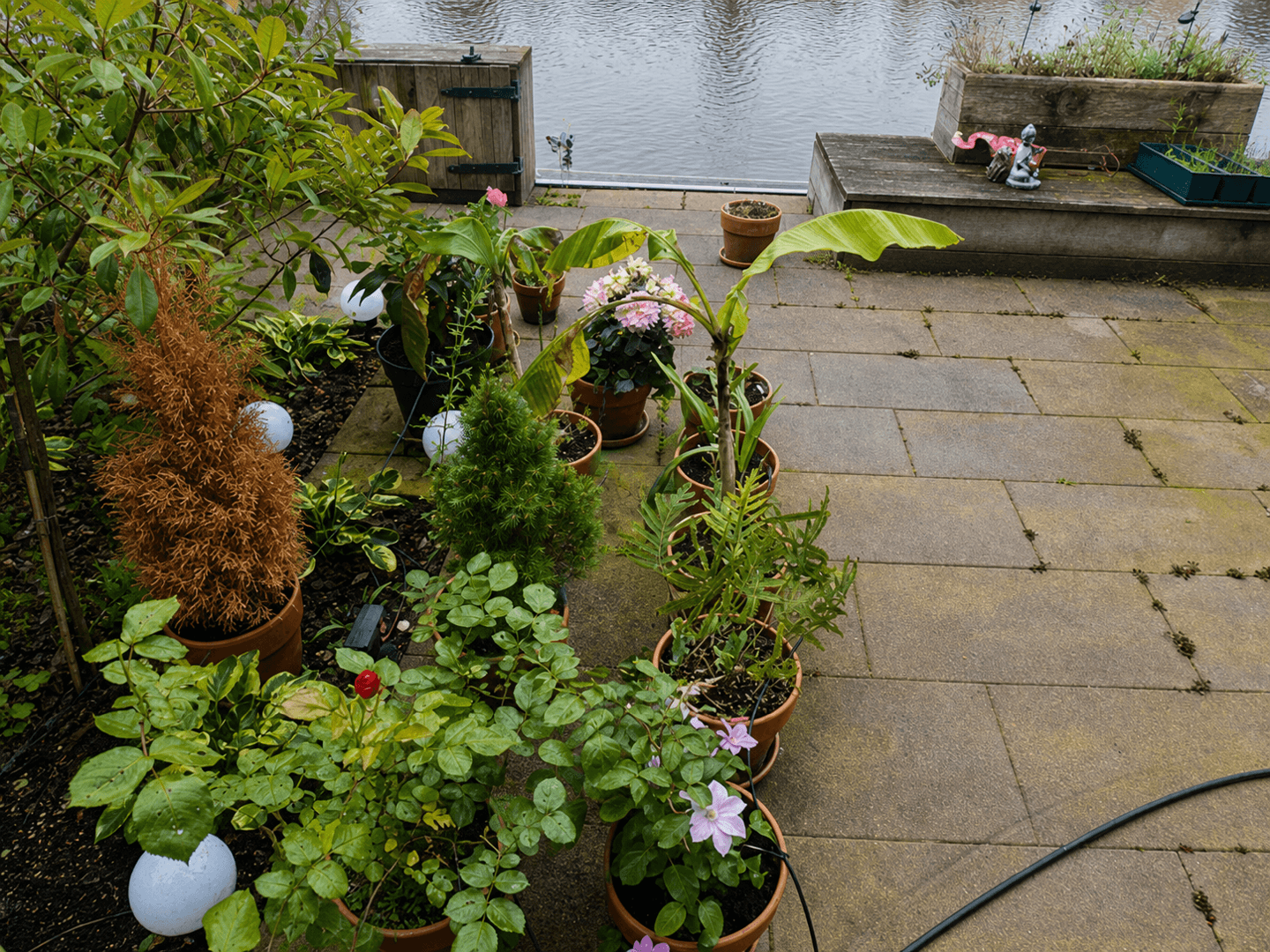 Waterside patio before the renovation, with weathered slabs and loose plant pots.
