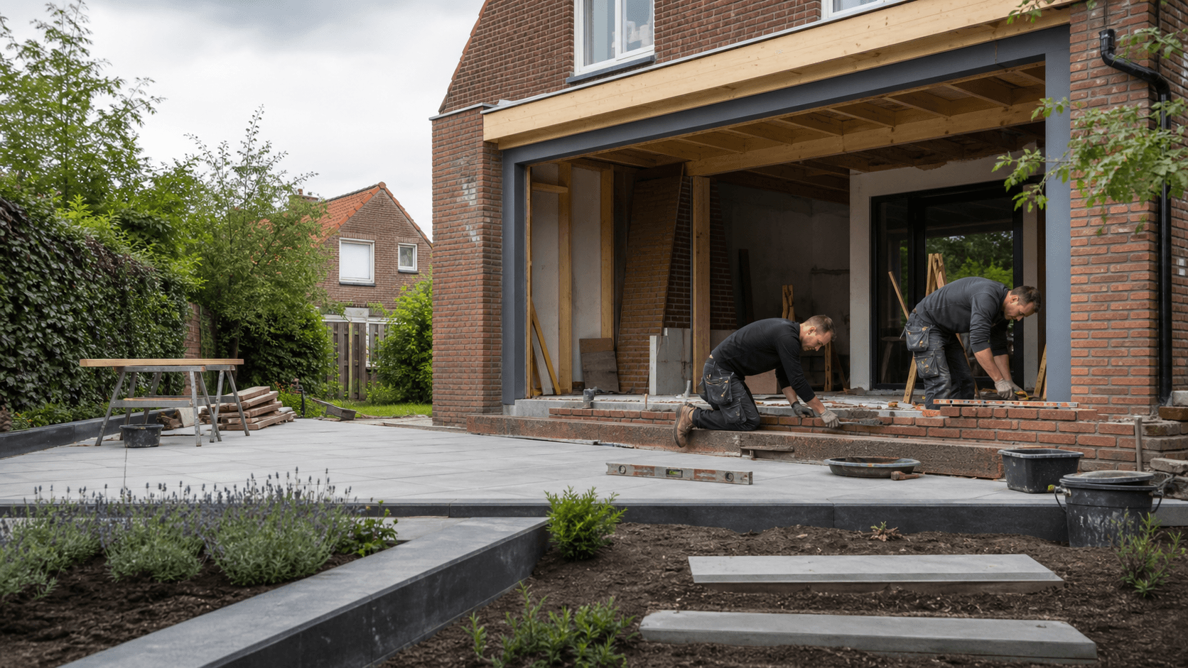 Builders working on a home extension and garden patio for a Dutch family house.
