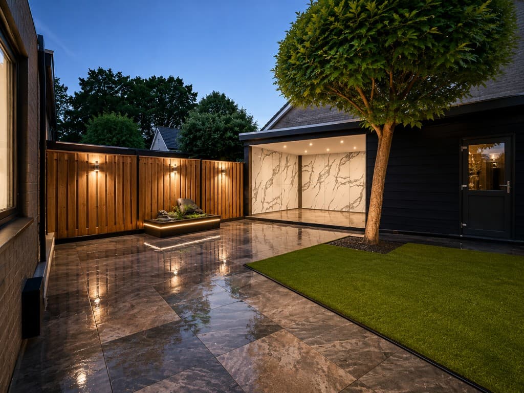 Finished garden and outdoor living area at a home in the Eindhoven area, with stone paving and integrated lighting at dusk.